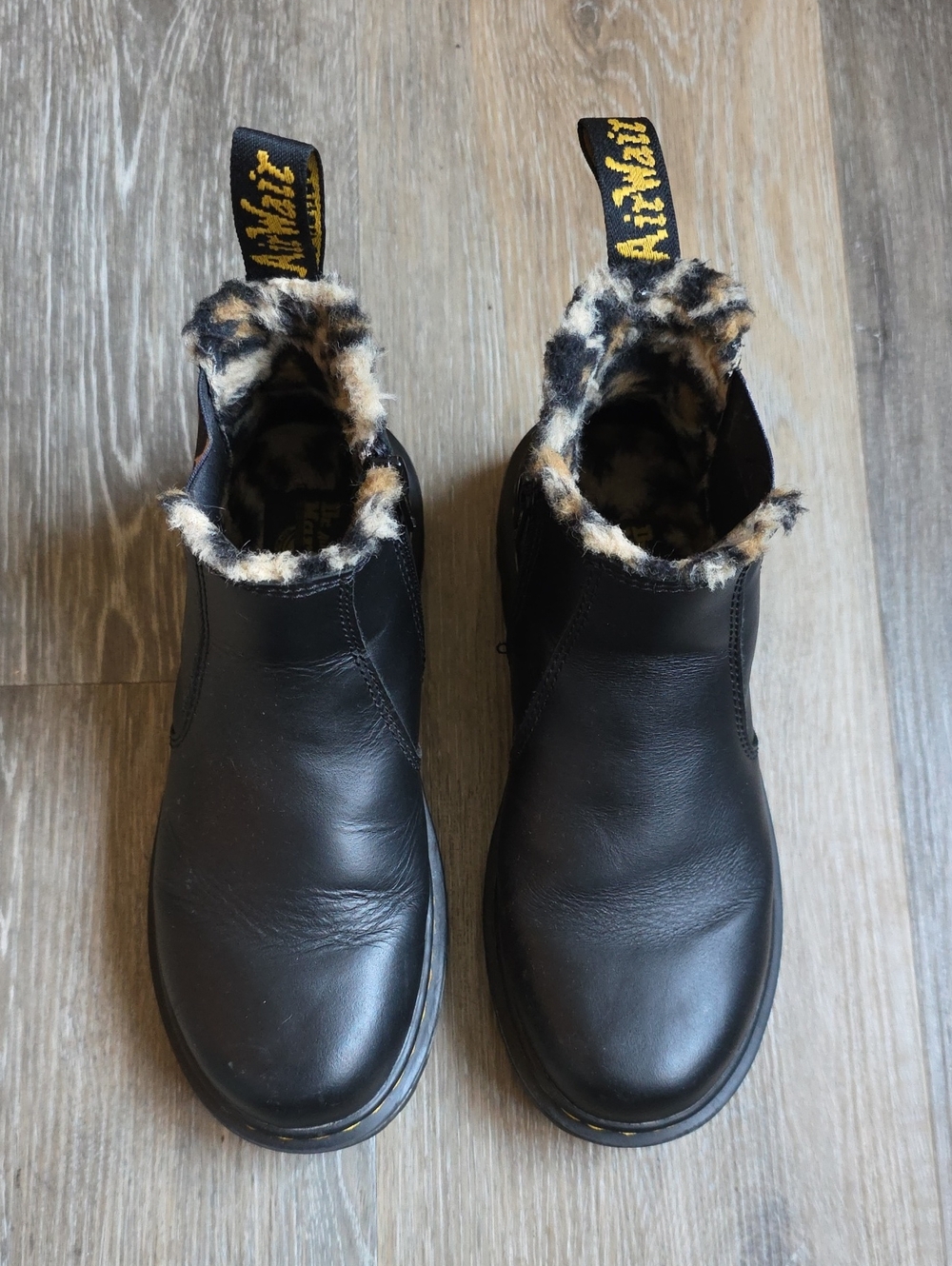 Dr. Martens Black Leather Boots with Leopard Fur Trim